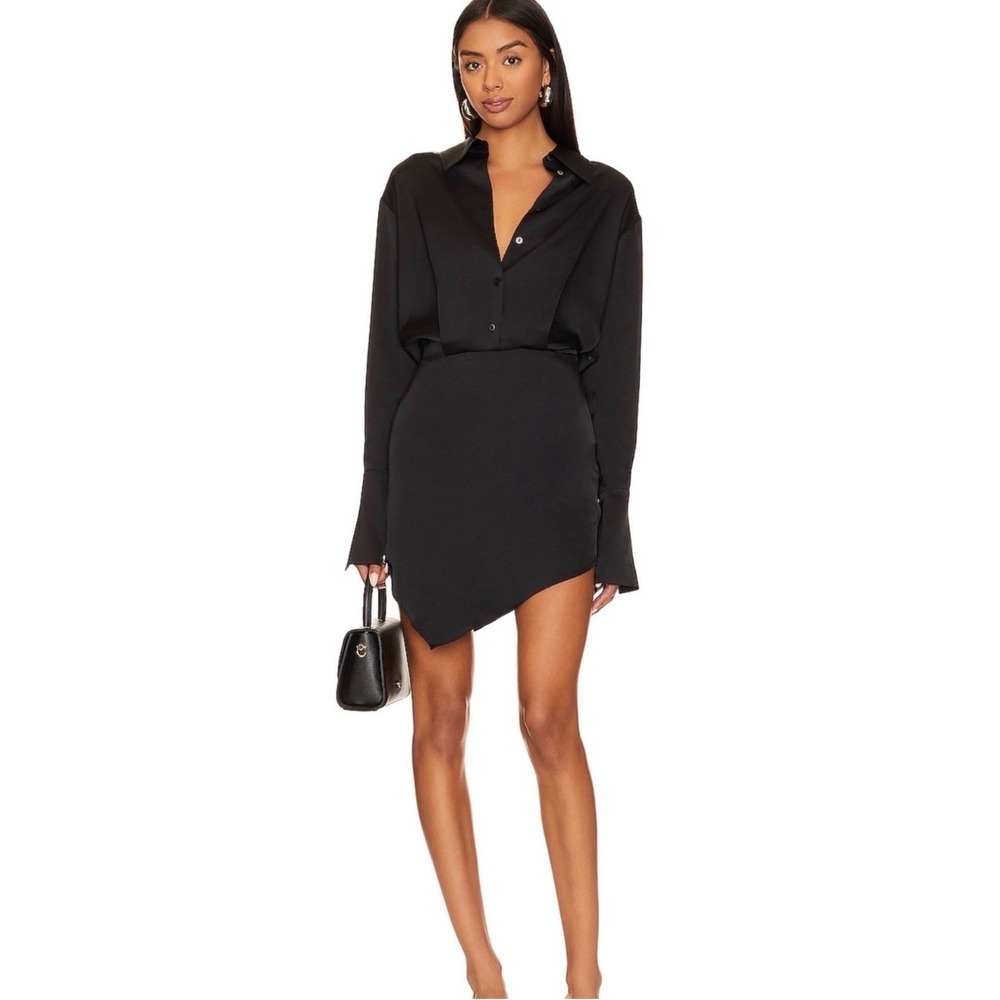 L'Academie Black Asymmetrical Satin Mini Shirt Dress NWT Size Medium